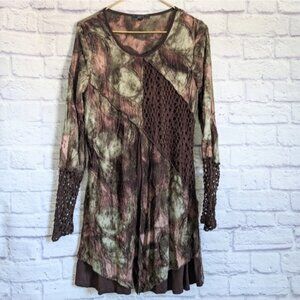 Vintage Y2K Grunge Tunic Top M Brown Green Fairycore Boho Crochet Mini Dress